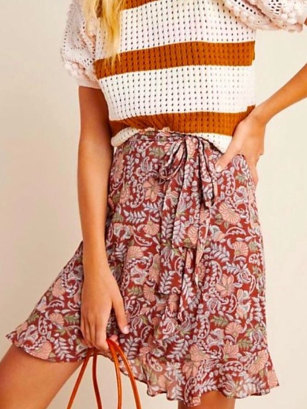 Anthropologie | Faux Wrap Floral Ruffle Skirt Brown Motif | Size Large